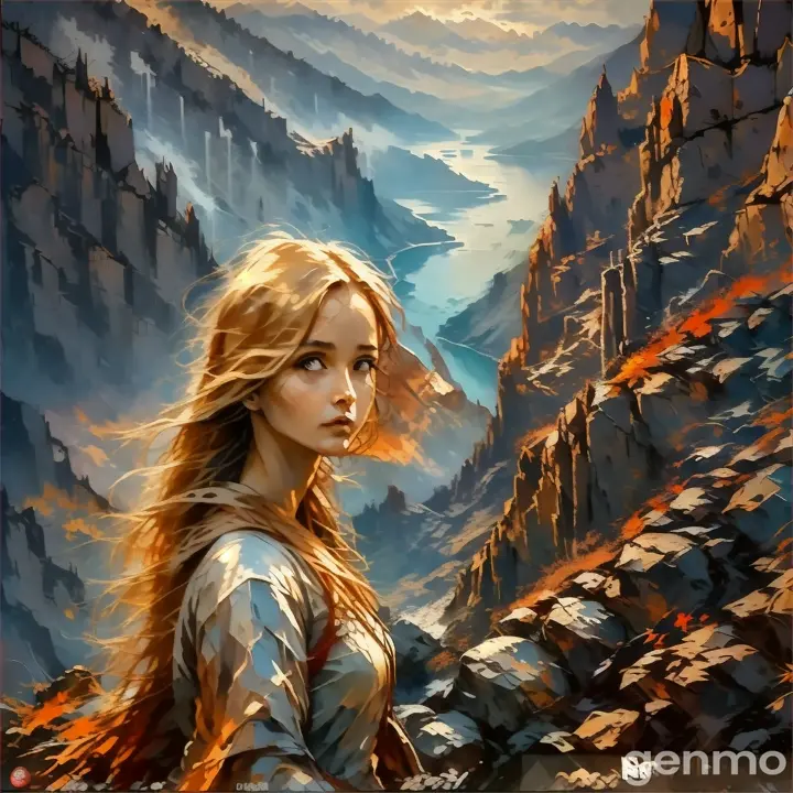 a painting of a woman standing on top of a mountain, there is red rain everywhere, and a dense red fog hangs in the air