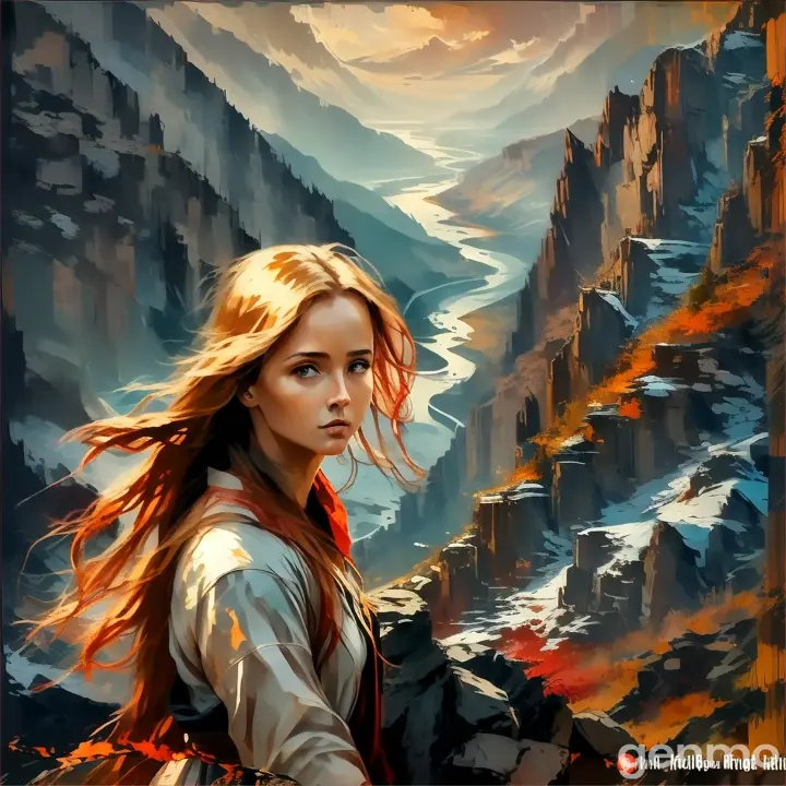 A woman standing on a mountain edge overlooking a red storm below with red rain pouring down all around her.