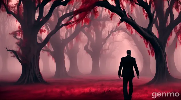 A man in black walking through a dense red environment it is scary.