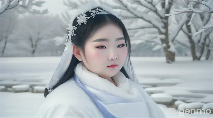 Closed-up, A beautiful girl waling in the snow (ใน Luma) ส่วนรูป ทำจากสมาชิกท่านหนึ่ง "Generate ,Xiao Long Nueng, a beautiful woman in Chinese literature, chubby girl 25years old, face looks beautiful like a goddess, calm, cool, pure like snow. and cold as ice Dressed in the costume of a woman from the ancient Chinese era It is a light white satin cloth wrapped around the body. It's like a body surrounded by smoke. Besides the black hair The whole body is as white as snow, landscape, snowy, cherry blossom, The sky is a clear blue, with a few white clouds"