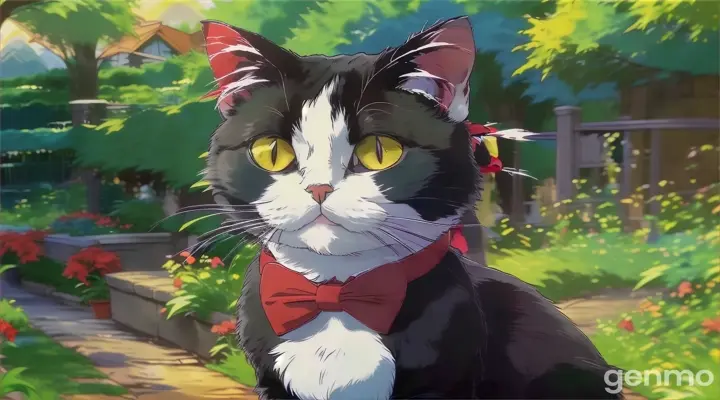 a black and white cat wearing a red bow tie