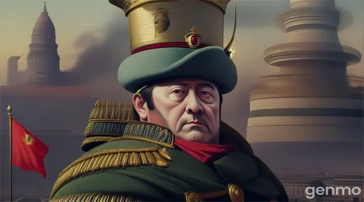 an absurd grotesque small dictator in a huge napoleon bicorne against the backdrop of his army and big city