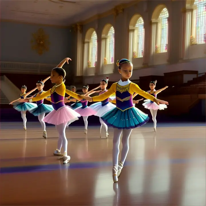 --Style="Magical hyper realism" --Colors="Vivid colours, harmoniously integrated" --Definition="Highly defined level, consistent in all elements" --Video="sharp image, 4k resolution" --Scene="School Performance with Classical Ballet: Children performing a classical ballet piece in the school auditorium." --Speed="high speed" --Realistic_Movement --Physical_Correctness="3D animation frame by frame, Pixar Disney quality, flawless" --Movement_Detail="Complete hand and foot animations for all characters, ensuring continuous and smooth movements." --Movement_Synchronization="Ensure all character movements are synchronized and fluid, with no interruptions." --Collision_Detection="Implement precise collision detection to avoid unexpected appearances or overlaps of characters." --Error_Correction="Include frame-by-frame error correction and artifact removal mechanisms to ensure smooth and consistent animations." --Consistency="Ensure consistent positioning and movements of dancers throughout the entire animation." --Continuity="Maintain continuous and consistent character positions and movements throughout the entire animation." --Scene_Integration="Seamlessly integrate all elements to maintain a coherent flow without unexpected transitions." --Loras="<lora:movement-synchronization:1.5><lora:collision-detection:1.3><lora:artifact-removal:1.5><lora:frame-consistency:1.4>"