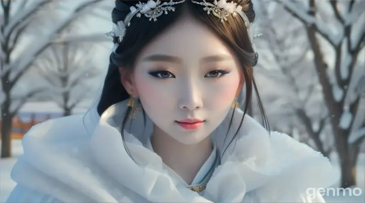 Closed-up, A beautiful girl waling in the snow (ใน Luma) ส่วนรูป ทำจากสมาชิกท่านหนึ่ง "Generate ,Xiao Long Nueng, a beautiful woman in Chinese literature, thin girl 25years old, face looks beautiful like a goddess, calm, cool, pure like snow. and cold as ice Dressed in the costume of a woman from the ancient Chinese era It is a light white satin cloth wrapped around the body. It's like a body surrounded by smoke. Besides the black hair The whole body is as white as snow, landscape, snowy, cherry blossom, The sky is a clear blue, with a few white clouds"