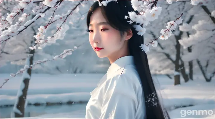 Closed-up, A beautiful girl waling in the snow (ใน Luma) ส่วนรูป ทำจากสมาชิกท่านหนึ่ง "Generate ,Xiao Long Nueng, a beautiful woman in Chinese literature, thin girl 25years old, face looks beautiful like a goddess, calm, cool, pure like snow. and cold as ice Dressed in the costume of a woman from the ancient Chinese era It is a light white satin cloth wrapped around the body. It's like a body surrounded by smoke. Besides the black hair The whole body is as white as snow, landscape, snowy, cherry blossom, The sky is a clear blue, with a few white clouds"