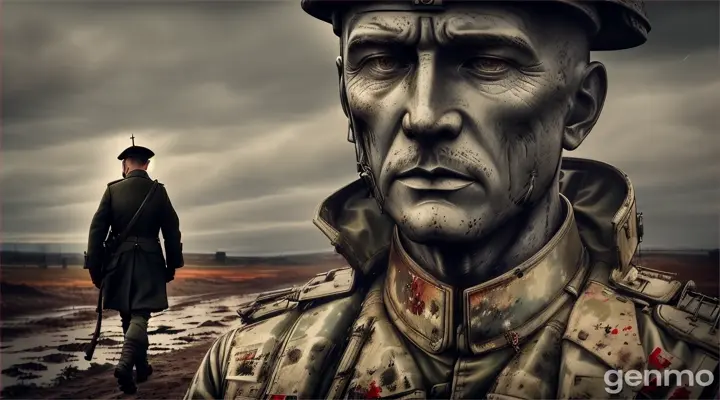 A WWI soldier walking through the aftermath of a battle in no man's land, with a hauntingly dark sky in the background, in the style of Ghibli animation