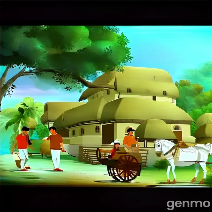 a man is walking with a horse and a cart