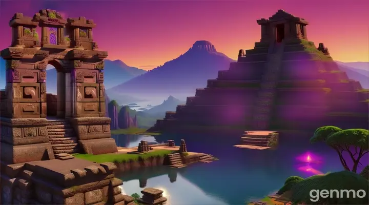 nether portal arch , llama statues , mountain top lake, aztec, vines, calendar