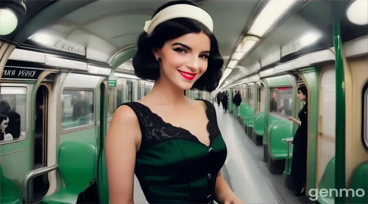 une belle femme de 40 ans, souriante, aux cheveux noirs et aux yeux verts clairs, avec une frange sur le front et une queue de cheval, est dans le métro parisien.
