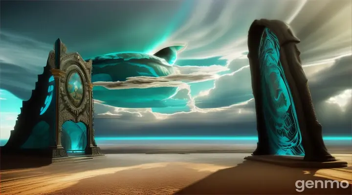 nether portal obsidian arch, turquoises, souls, rectangular clouds, turtle, heaven, demon, rivets