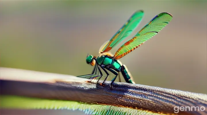 Close-up macro shot of a dragonfly with vibrant colors and delicate details