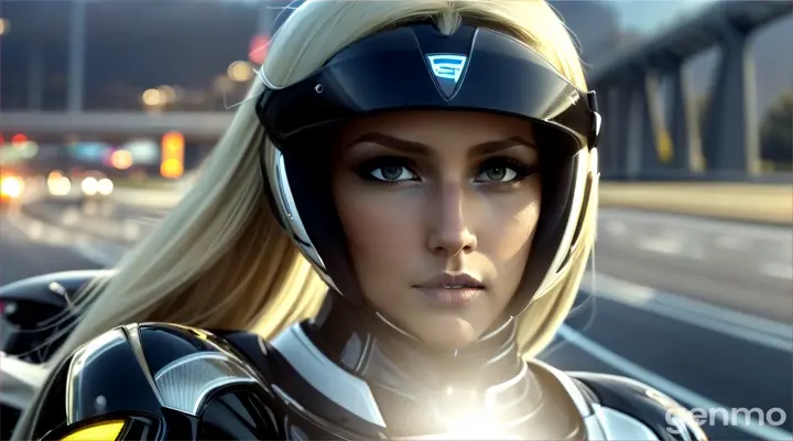 View from above. A beautiful blonde-haired girl on a futuristic powerful motorcycle, she overtakes a futuristic sports car on the highway, color dark blue metallic, she shines headlights in front of her, fast movement of the car forward on the road, the camera zooms in and a male driver with dark hair in a black T-shirt is seen. vivid colors, intricate details, high detail, realistic, cinematic, studio shooting, wide angle lens, sharp focus, best shadows, depth of field, ultra realistic detailed lighting, volumetric lighting, cinematic lighting, dramatic lighting, rays of light, cinematic, 8k, hdr, high resolution