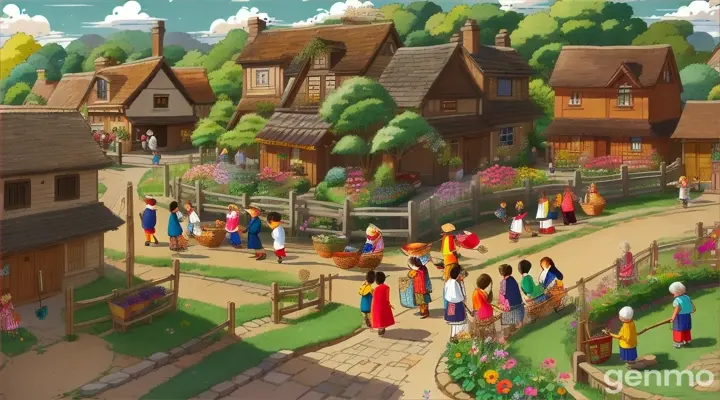Animated village scene with people helping each other: Illustrate a bustling village where animated characters help each other carry baskets, tend to gardens, and share goods, fostering a sense of community.