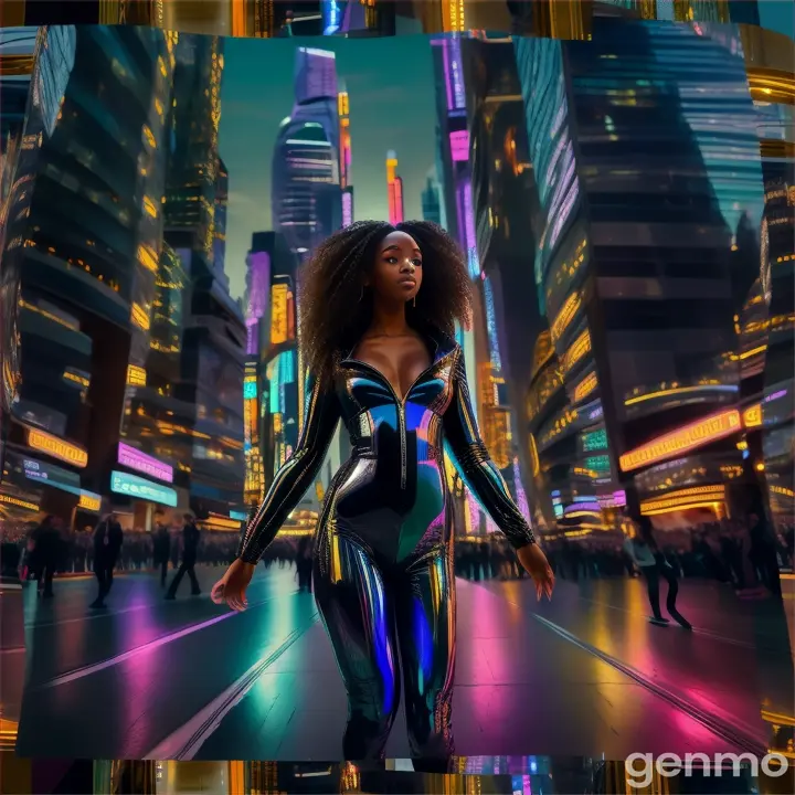 a woman in a shiny bodysuit standing in the middle of a city hiphop dancing, heads turn