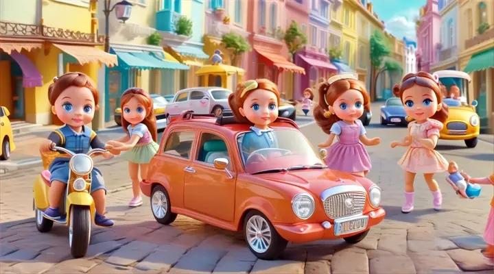 wheel, car, land vehicle, vehicle, toy, doll, tire, motor vehicle, yellow, mode of transport, baby dolls, beautiful, dolls are playing, dolls are smilling