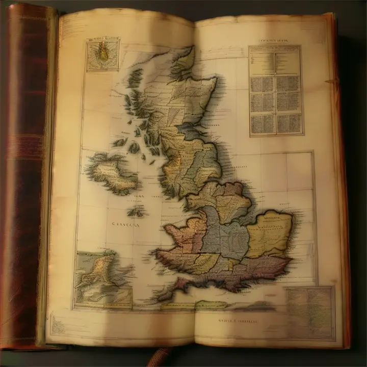 an old book with a map of the uk