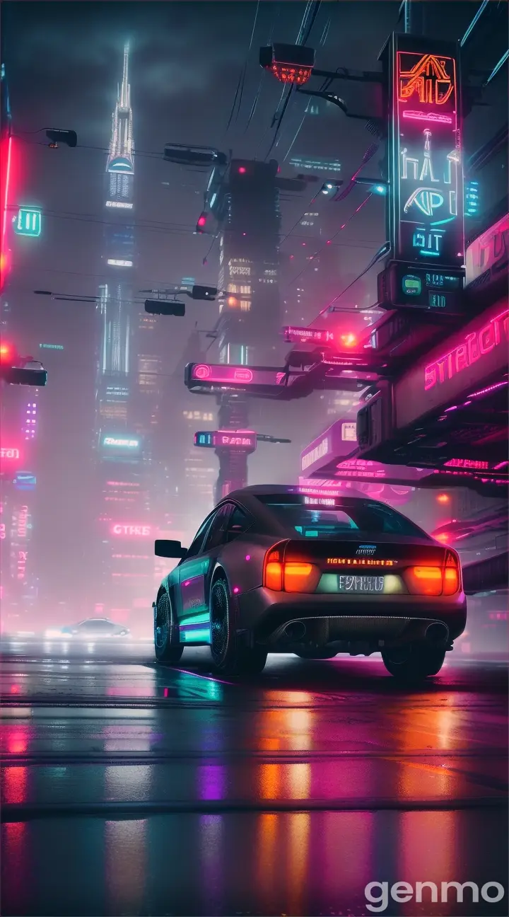A dark, atmospheric cityscape with flying cars and dystopian elements in a digital art style.