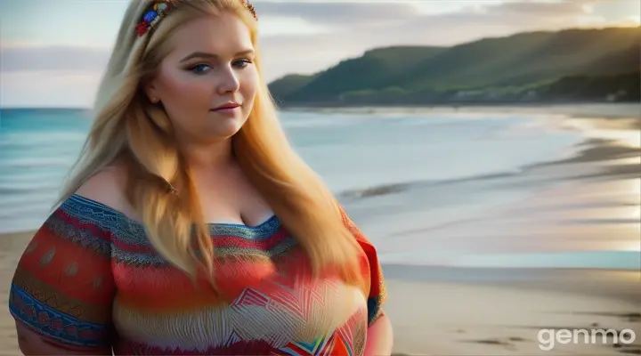 beautiful pragnent blonde Russian woman plus size, Long hair, beach Zulu dresses for fat women, shoulder tattoos, plus size posing for a picture in Beach