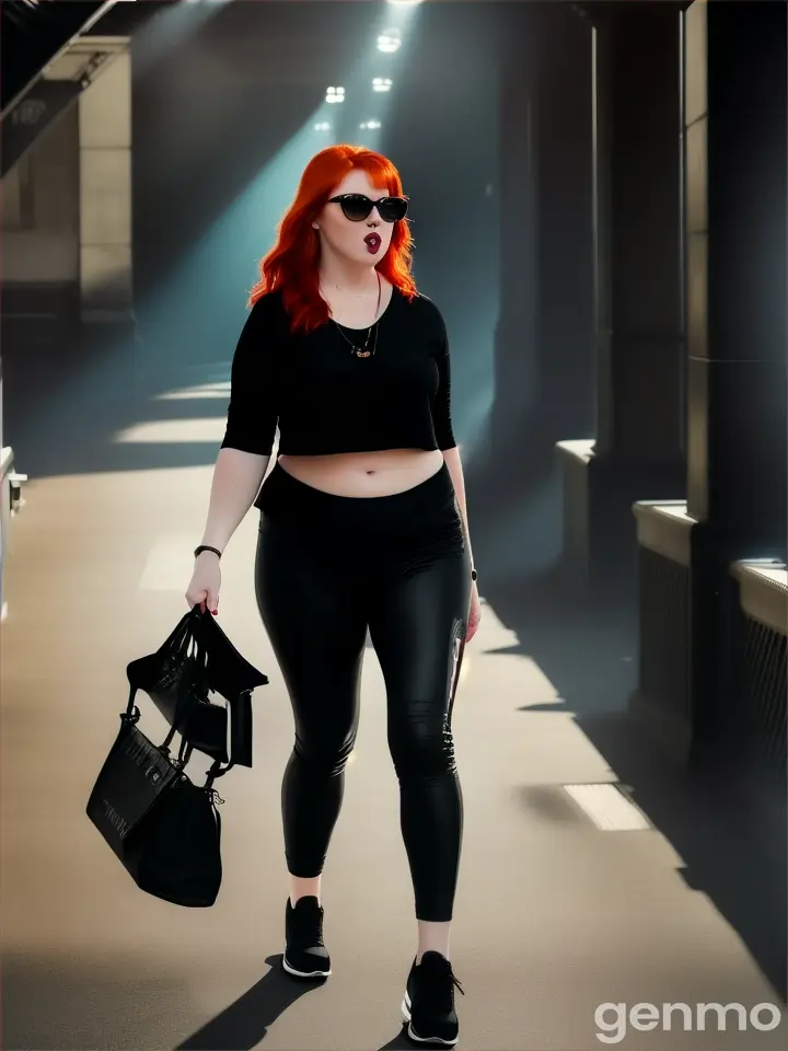 realista, chica sexy caminando, moviendo la boca, ropa negra, gafas oscuras, calzas negras, peliroja, remera corta, cantando, perfil derecho, cuerpo completo
