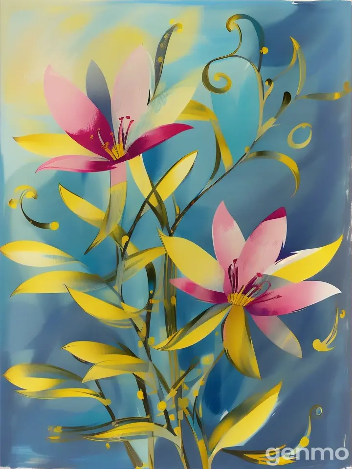 Drawing (brushstrokes with strokes, dashes, blots): three stems stylized Weigela flower against a background of blue sky and stylized sun with rays.  On an abstract  background with spots and strokes in 7277ff shades. High in the sky: yellow sun.
 sun. Рисунок (мазки со штрихами, черточками, кляксами): три стилизованных стебля Вейгела-flower на фоне голубого неба и стилизованного солнца с лучами.  На абстрактном фоне с пятнами и штрихами в оттенках цвета 7277ff . Высоко в небе: солнце.