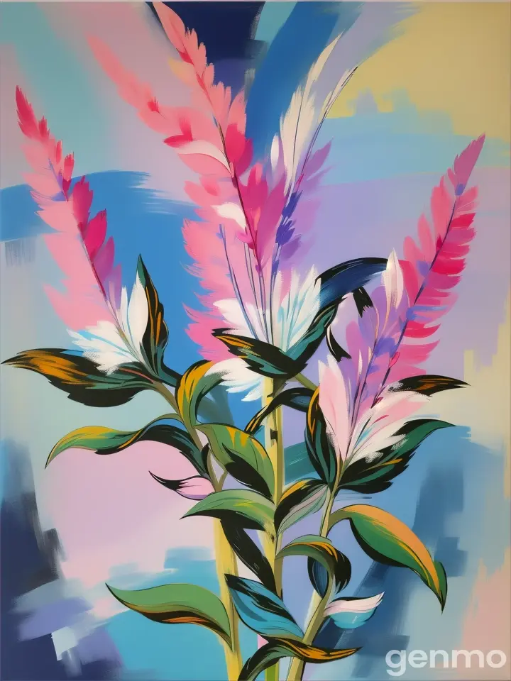 Drawing (brushstrokes with strokes, dashes, blots): three stems stylized Weigela flower against a background of blue sky and stylized sun with rays.  On an abstract  background with spots and strokes in 7277ff shades. High in the sky: yellow sun.
 sun. Рисунок (мазки со штрихами, черточками, кляксами): три стилизованных стебля Вейгела-flower на фоне голубого неба и стилизованного солнца с лучами.  На абстрактном фоне с пятнами и штрихами в оттенках цвета 7277ff . Высоко в небе: солнце.