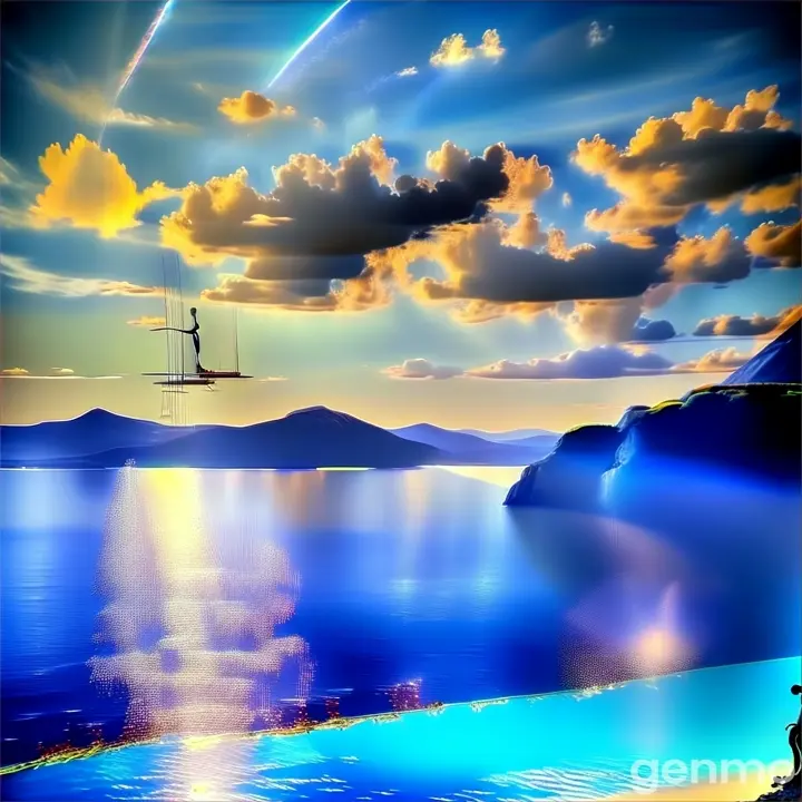 a painting of a person standing on a cliff overlooking a body of water. With beautiful sky view with fishing man