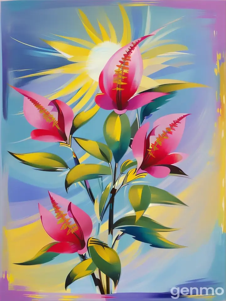 Drawing (brushstrokes with strokes, dashes, blots): three stems stylized Weigela flower against a background of blue sky and stylized sun with rays.  On an abstract  background with spots and strokes in 7277ff shades. High in the sky: yellow sun.
 sun. Рисунок (мазки со штрихами, черточками, кляксами): три стилизованных стебля Вейгела-flower на фоне голубого неба и стилизованного солнца с лучами.  На абстрактном фоне с пятнами и штрихами в оттенках цвета 7277ff . Высоко в небе: солнце.