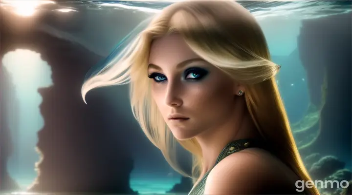 (masterpiece, best quality), close up, A beautiful blonde mermaid with piercing eyes glancing down towards the ground, in the ruins of Atlantis. a dark and moody atmosphere deep depths of the ocean, sea floor, ground, water motion,