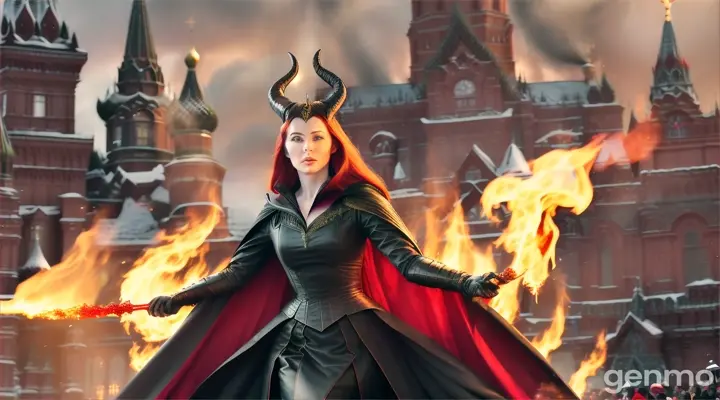 EXT. RED SQUARE - MIDDAY Enraged, redheaded witch in a black cloak Agapa's eyes glow green. Maleficent charges at Agapa with all her might.
Agapa disappears into smoke, and reappears again.
. Maleficent pins her against the cathedral.
AGAPA
I WILL retrigger the gates! There's
still time!Я перезапущу врата! Еще
есть время!
MALEFICENT
Then you'll have to go through me!
Тогда вам придется пройти через
меня!
Agapa puffs away and reappears behind Maleficent.Agapa raises
her hands, ready to attack Maleficent from behind. 
Hyperrealistic 8K 