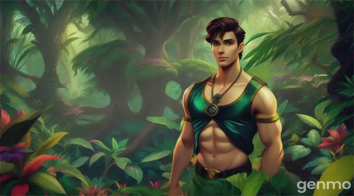 Cartoon very beautiful 25years old Prince in jungle 