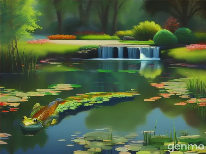 Show a beautiful pond with a big frog and a salmon fish next to one other. Make the fish and frog with bright colors