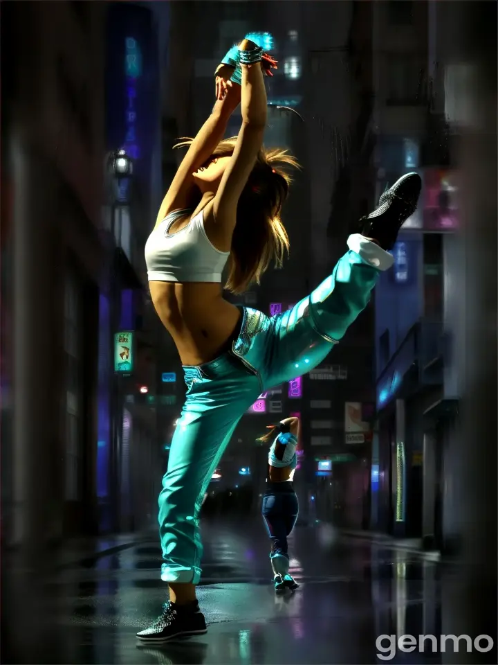 A woman in white shirt and blue pants doing a dance move under the neon lights of a city street, reflected in puddles left from the rain