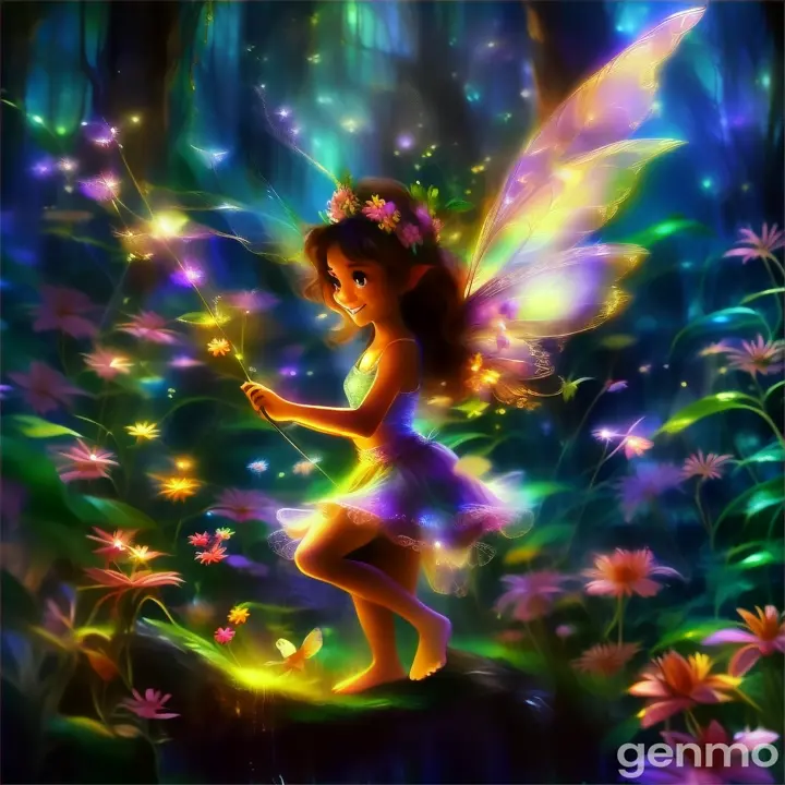 A happy fairy moving gracefully through an enchanted forest, accompanied by fireflies and other magical creatures