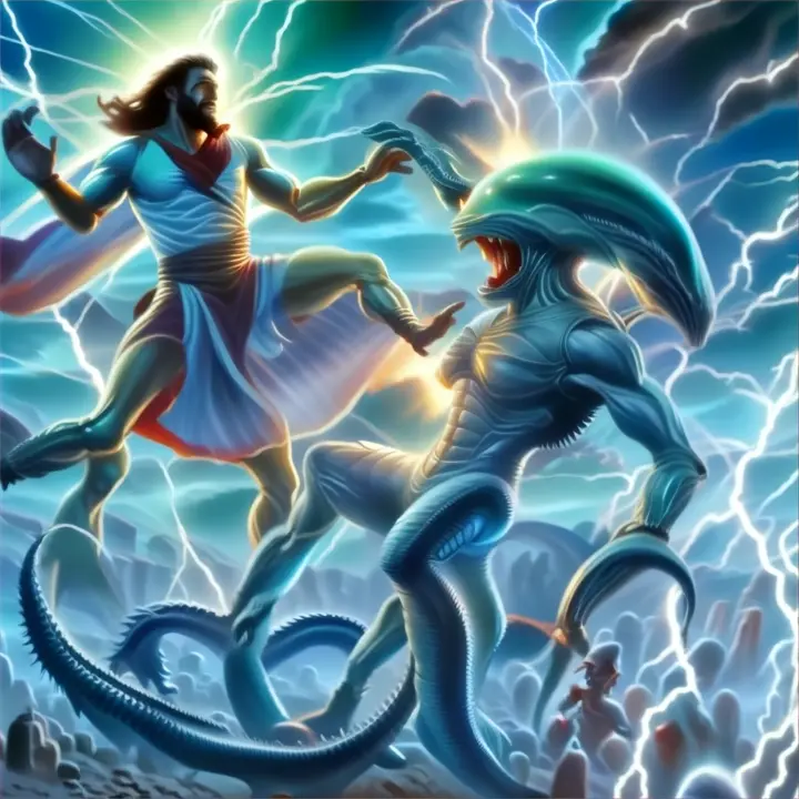 a god attacking  an alien  in the middle of a lightning storm