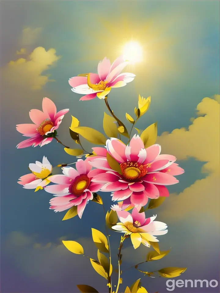 Drawing (brushstrokes with strokes, dashes, blots): three stems stylized Weigela flower against a background of blue sky and stylized sun with rays.  On an abstract  background with spots and strokes in 7277ff shades. High in the sky: yellow sun.
 sun. Рисунок (мазки со штрихами, черточками, кляксами): три стилизованных стебля Вейгела-flower на фоне голубого неба и стилизованного солнца с лучами.  На абстрактном фоне с пятнами и штрихами в оттенках цвета 7277ff . Высоко в небе: солнце.