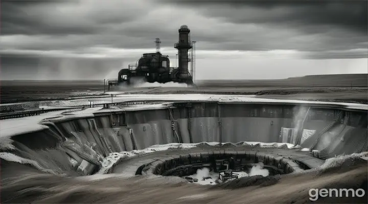 An eerie and dramatic scene at the Kola Superdeep Borehole, also known as the 'Door to Hell,' in Russia. The setting shows a vast, desolate landscape with the borehole at the center, surrounded by industrial machinery and equipment. Steam and heat rise from the deep hole, creating a misty, ominous atmosphere. The ground around the borehole is scorched, and the machinery appears partially melted or damaged due to the extreme heat encountered during drilling. The sky above is overcast, adding to the haunting and mysterious feel of the place.