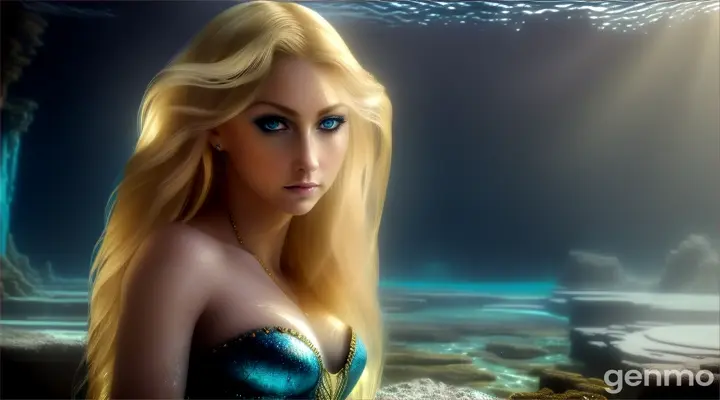 (masterpiece, best quality), close up, A beautiful blonde mermaid with piercing eyes glancing down towards the ground, in the ruins of Atlantis. a dark and moody atmosphere deep depths of the ocean, sea floor, ground, water motion,