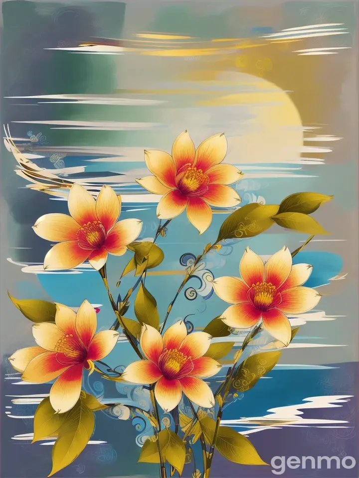 Drawing (brushstrokes with strokes, dashes, blots): three stems stylized Weigela flower against a background of blue sky and stylized sun with rays.  On an abstract  background with spots and strokes in 7277ff shades. High in the sky: yellow sun.
 sun. Рисунок (мазки со штрихами, черточками, кляксами): три стилизованных стебля Вейгела-flower на фоне голубого неба и стилизованного солнца с лучами.  На абстрактном фоне с пятнами и штрихами в оттенках цвета 7277ff . Высоко в небе: солнце.