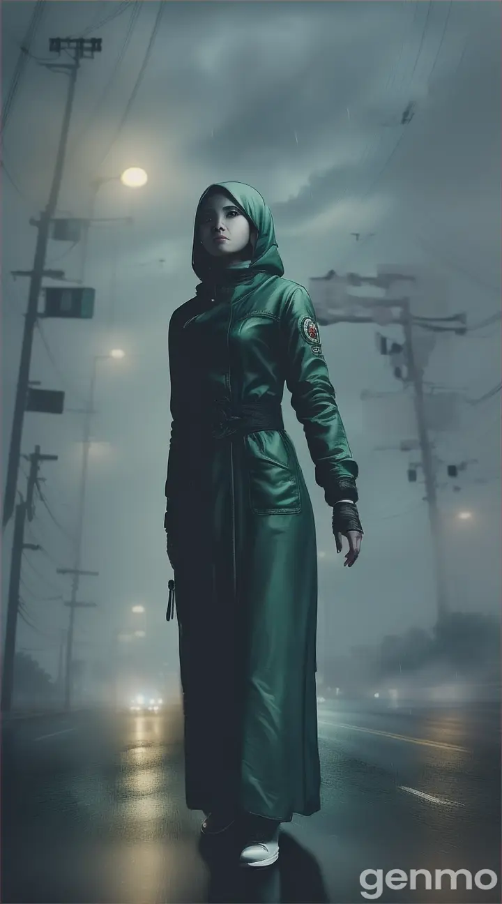 A horror cinematic ultra realistic of a Jakarta female ghost floats in the air on an empty road in Jakarta, a moonlit foggy night, low view angle sharp focus, rainy, by Marc Simonetti & Yoji Shinkawa & WLOP, paint drops, rough edges, trending on artstation, studio photo, intricate details, highly detailed