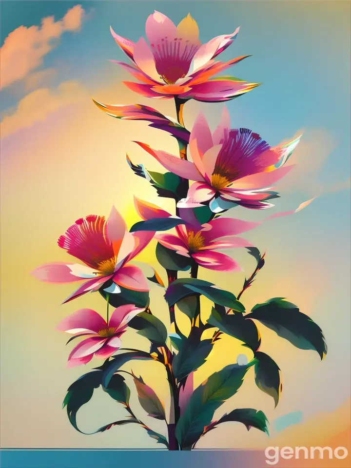 Drawing (brushstrokes with strokes, dashes, blots): three stems stylized Weigela flower against a background of blue sky and stylized sun with rays. On an abstract background with spots and strokes in 7277ff shades. High in the sky: yellow sun. sun. Рисунок (мазки со штрихами, черточками, кляксами): три стилизованных стебля Вейгела-flower на фоне голубого неба и стилизованного солнца с лучами. На абстрактном фоне с пятнами и штрихами в оттенках цвета 7277ff . Высоко в небе: солнце.