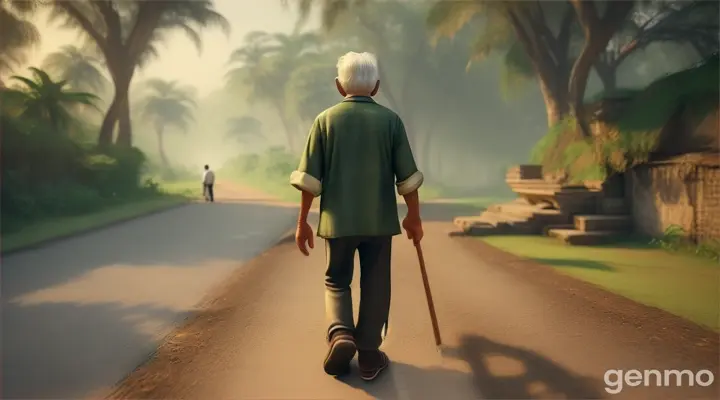 Suddenly, he saw an old man walking slowly on the road. /In the village. / In the jungle. /India 3D Character.