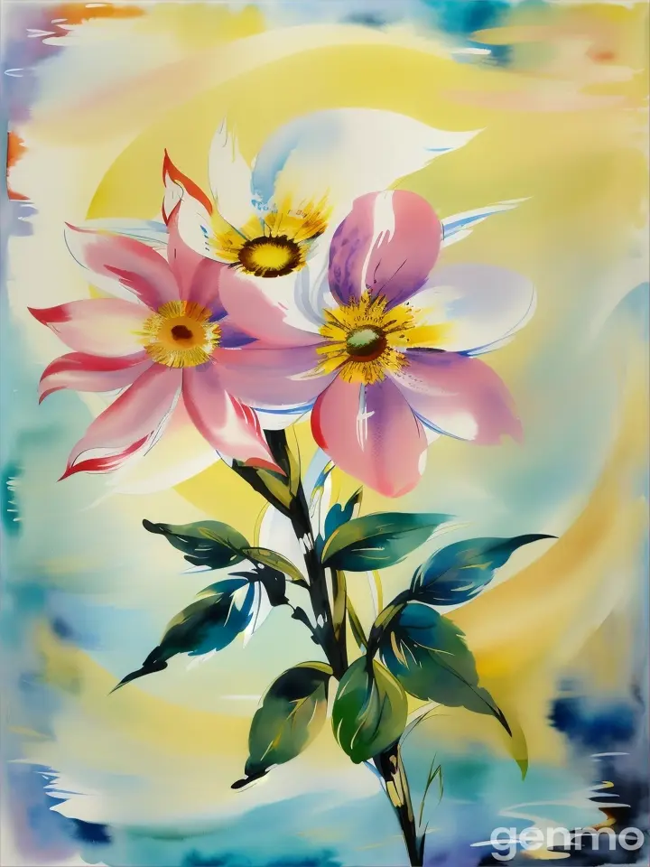 Drawing (brushstrokes with strokes, dashes, blots): three stems stylized Weigela flower against a background of blue sky and stylized sun with rays. On an abstract background with spots and strokes in 7277ff shades. High in the sky: yellow sun. sun. Рисунок (мазки со штрихами, черточками, кляксами): три стилизованных стебля Вейгела-flower на фоне голубого неба и стилизованного солнца с лучами. На абстрактном фоне с пятнами и штрихами в оттенках цвета 7277ff . Высоко в небе: солнце.