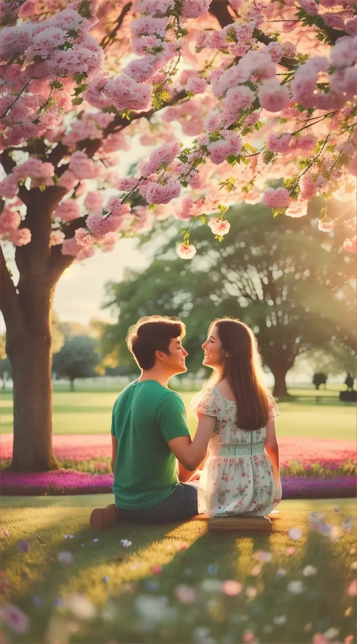 a man and a woman are in a park and hold hands. They look into each other's eyes and understand that they are made for each other. The scene is full of bright colors and the nature around seems to respond to their emotion.Visuals: Flowers blooming, the sun filtering through the trees, and a light wind moving the leaves