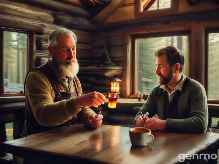 An old forester and a male traveler are sitting at a table in a forest house