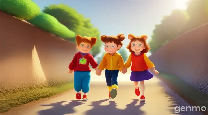 Kids and animals start walking.3D cartoon 