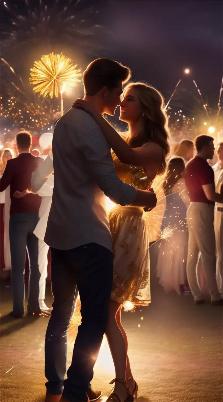 A man and a woman in love are at an outdoor party with friends and family. They are dancing happily in the middle of a circle of people cheering them on. There are sparkling lights, fireworks exploding in the night sky, and a feeling of joy.