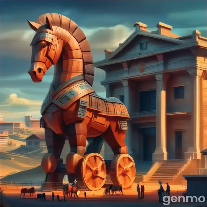 a large wooden horse standing in front of a building