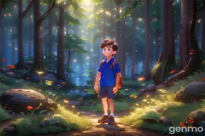 a young boy walking in the middle of a forest