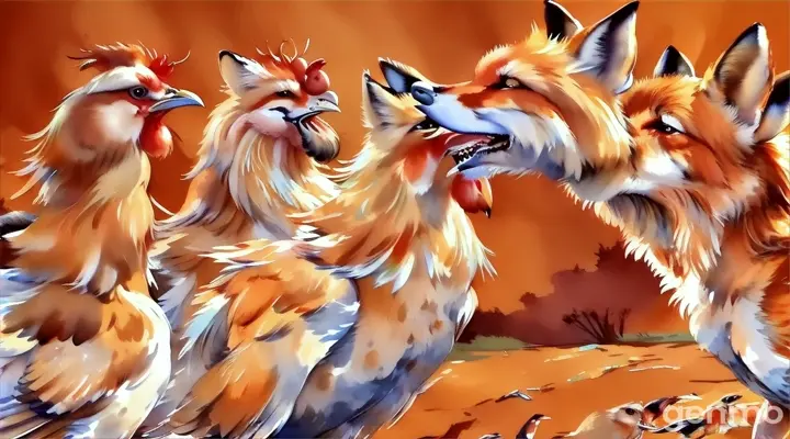 a painting of one chickens and a fox 3d videos