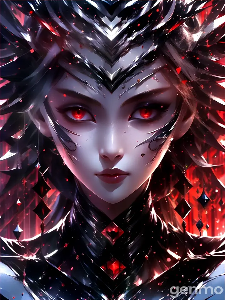 a close up of a person with red eyes